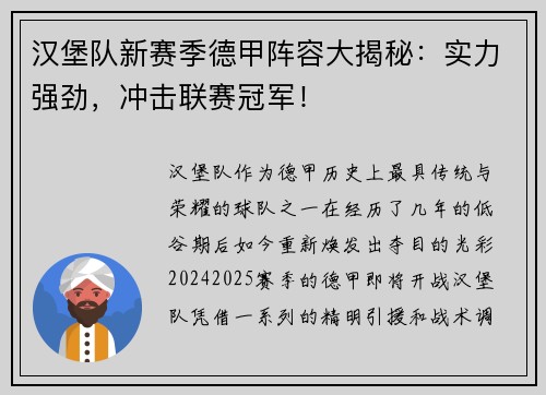 汉堡队新赛季德甲阵容大揭秘：实力强劲，冲击联赛冠军！