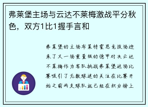 弗莱堡主场与云达不莱梅激战平分秋色，双方1比1握手言和